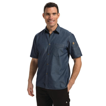 Chef Works Unisex Detroit Deni m Short Sleeve Shirt Blue L