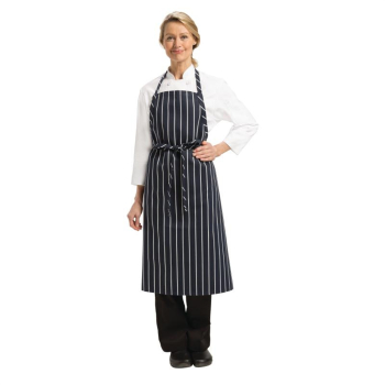Chef Works Premium Woven Bib A pron Navy and White Stripe